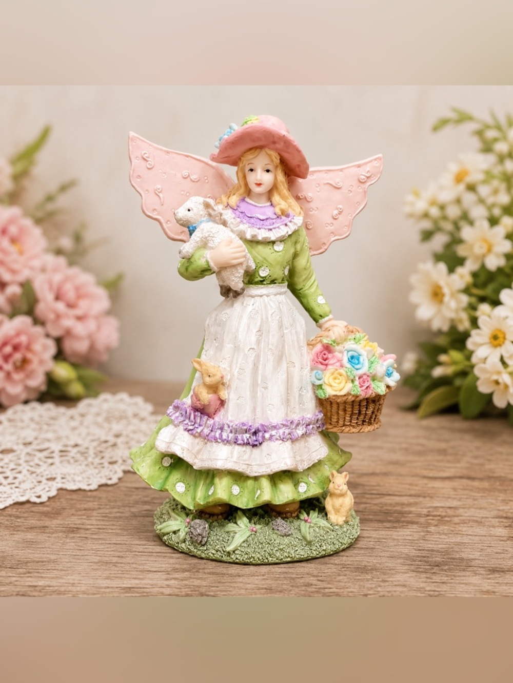 🧚‍♀️ Spring Garden Angel Figurine with Lamb, Bunny & Flower Basket